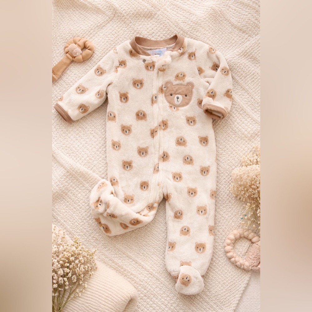 Adorable Fuzzy Bear Print Kids Footie Onesie